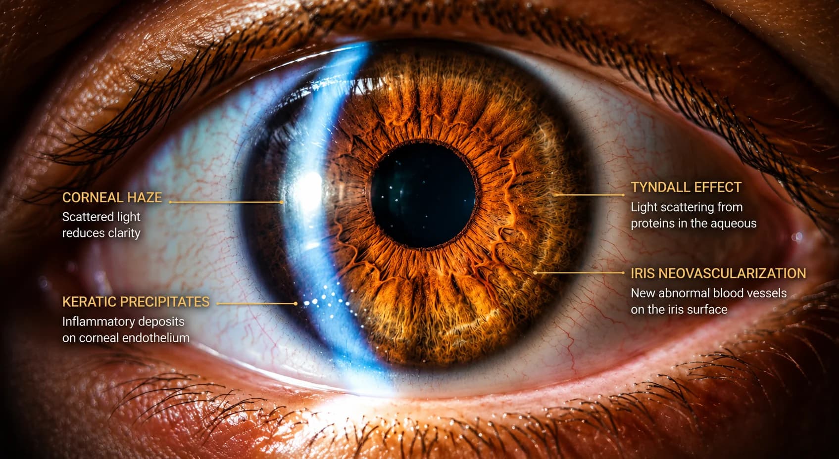 Annotated anterior segment slit lamp close-up showing corneal pathology